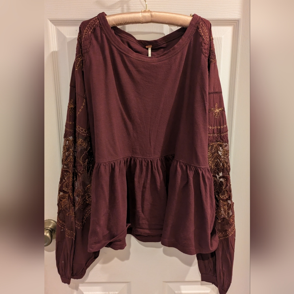 Free People Embroidery Flowy Top Burgundy Long Sleeve